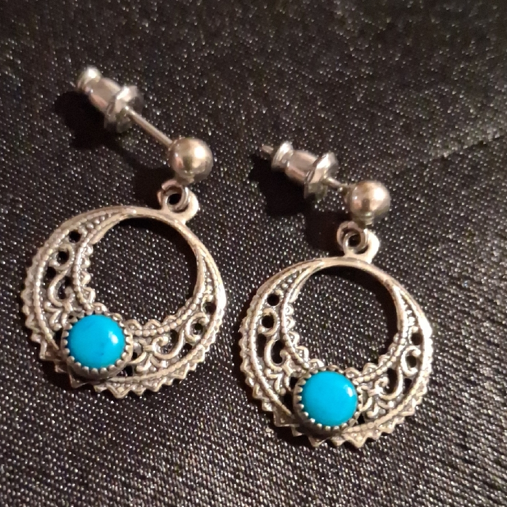 Intricate Silver Earrings with Turquoise Accent